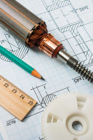electrical components and stationery measuring tools against drawingsのeditorial素材