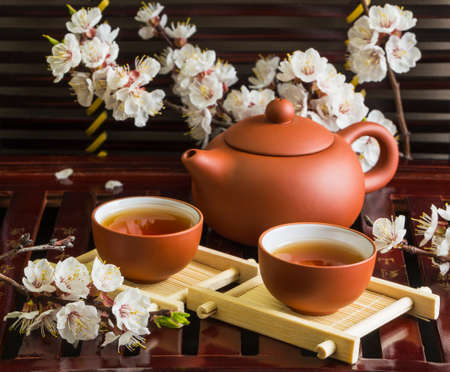 Ancient Chinese tea set with spring flowersの写真素材