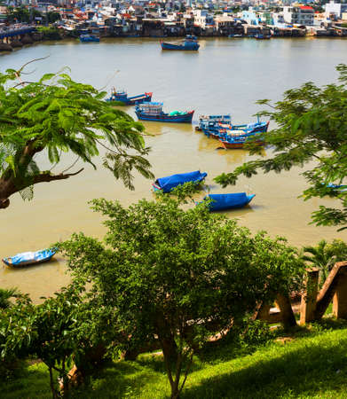NHA TRANG, Vietnam - NOV 23, 2014: Vietnam. Nha Trang. Cham towers. View of the river Kai and the cityのeditorial素材