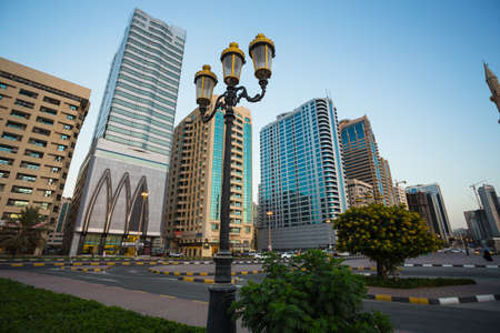 SHARJAH, UAE - NOVEMBER 6. 2013:Skyscrapers in Sharjah city. Khalid Lagoon.UAE.のeditorial素材