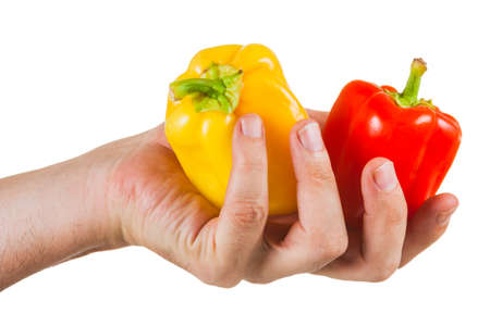 color peppers with hand isolated on white backgroundの写真素材