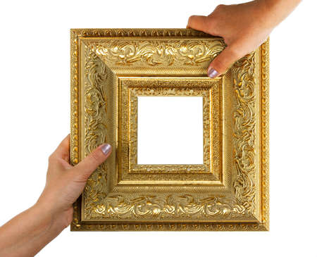 Baguette in hand isolated on white backgroundの写真素材