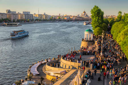 Moscow, Russia, May, 10, 2015, Russia Scene: People walking on embankment of the Moscow river in the Central Park of culture and restのeditorial素材