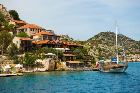 Kalesi, Turkey, May 16, 2017. Beautiful panoramic view on island Kekova and the castle Simena on top of hillのeditorial素材