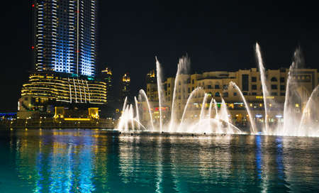 DUBAI, UAE - November 31: A record-setting fountain system set on Burj Khalifa Lake, it shoots water 150 m into the air, at November 31, 2013 in Dubai, United Arab Emirateのeditorial素材