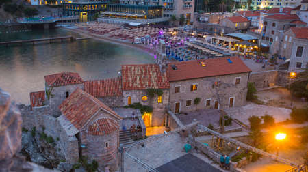 Montenegro. 23 July 2017. Narrow streets from above of the old evening Budva in Montenegroの写真素材
