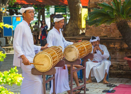 Vietnam. NOV 23, 2014. Drummers with  traditional drums at the Po Nagar Cham towers Nha Trang