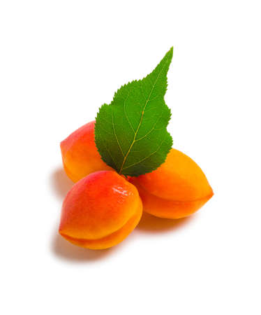 Sweet ripe bright apricots with leaves on a white backgroundの写真素材