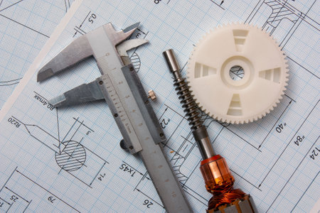 electrical components and stationery measuring tools against drawings