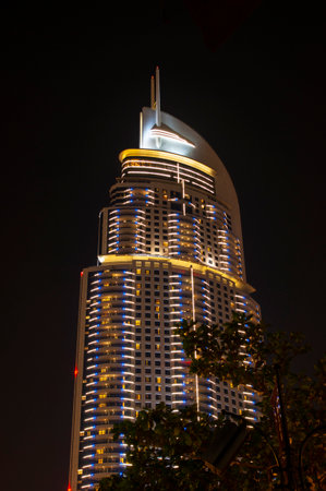 DUBAI, UAE - NOVEMBER 13: Night view of Hotel The Address in The Dubai Mall, the world's largest...