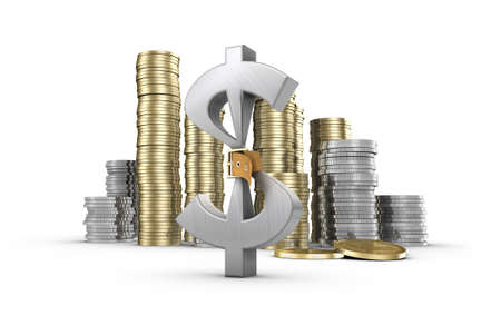dollar sign with a belt around its waist and piles of coins in the background as a symbol to tighten the belt financiallyの写真素材