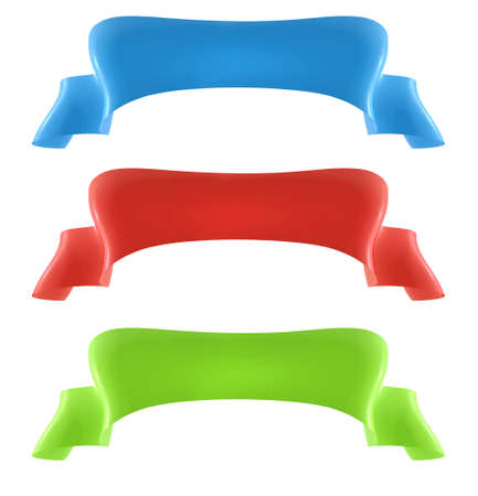 collection of 3D ribbon banners, in blue, red and green on isolated background.の写真素材