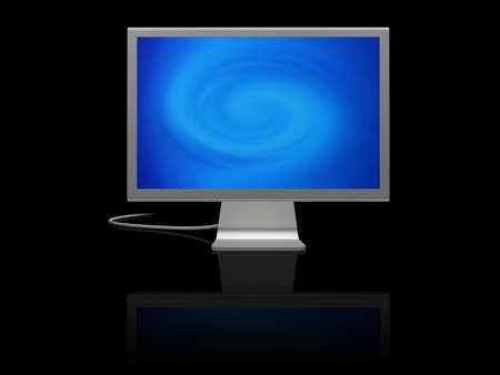 futuristic silver monitor on black with reflection displaying blue abstract twirl of light の写真素材
