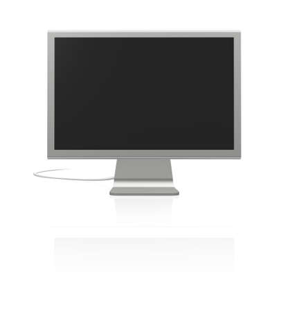 futuristic silver monitor with black screen on white background with reflectionの写真素材