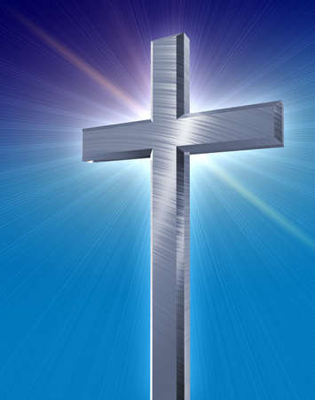 holy silver cross casting a blue burst in front of a blue gradient backgroundの写真素材