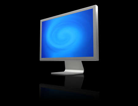 futuristic silver monitor on black with reflection displaying blue abstract twirl of light の写真素材