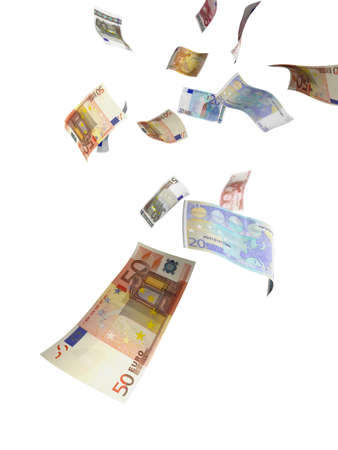 Euro paper currency of different denominations falling down like rain. Isolated view.の写真素材
