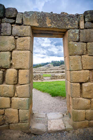 View of the ancient Inca ruins of Ingapirca, Ecuador, on an overcast dayの写真素材