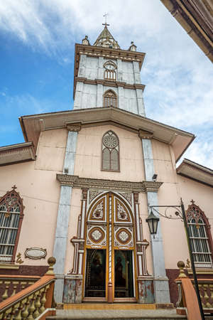 Facade and steeple of an old cathedral, Zaruma, Ecuadorの写真素材