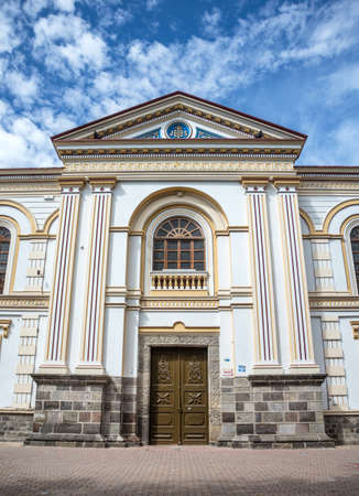 Facade of a side entrance to a church, in Ibarra, Ecuadorの写真素材