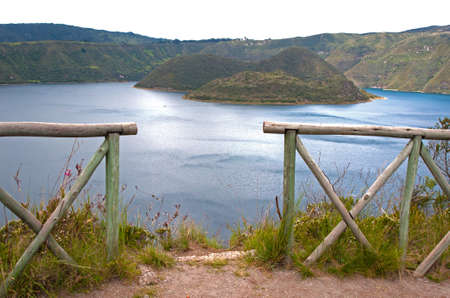 High view of the Cuicocha lake and it's center islands, Ecuador. South Americaの写真素材