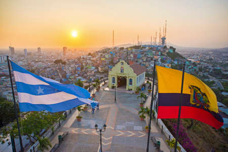 View of the Santa Ana chapel and the city of Guayaquil, from the top of the lighthouse on the Santa Ana hill. Late afternoon. Guayaquil, Ecuador.のeditorial素材