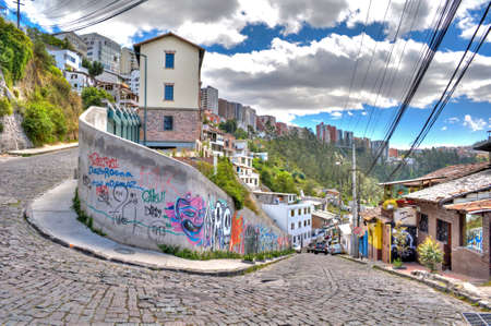 Streets and houses of the old neighborhood of Guapulo, in Quito, Ecuador.のeditorial素材