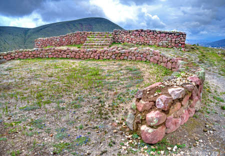 View of the ancient Inca ruins of Rumicucho in Pomasqui, north of Quito, Pichincha, Ecuador.の写真素材