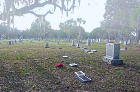Crypts and tombs at a local cemetery on a foggy morning, Tampa Bay Florida, USA.の写真素材