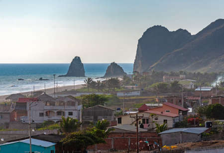 High view of the town and beach of San Lorenzo, Manabi, Ecuador, close to sunset.の写真素材