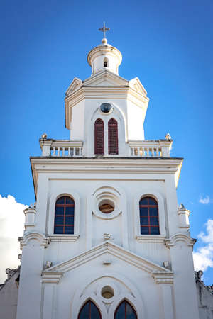 Frontal view of the church in the "Mirador del Turi" area, or "Turi Lookout". Old colonial church with an amazing view of the entire city.の写真素材