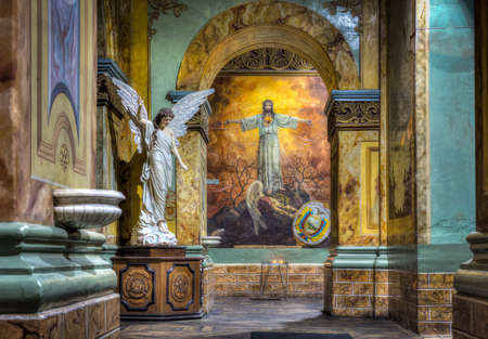 Interior and entrance area of La Iglesia del Cenaculo, or Church of the Cenacle, in Cuenca, Ecuador,...