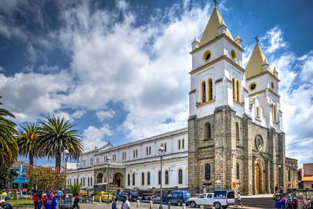 Guaranda, Bolivar province, Ecuador - November 2013: Details of Guaranda's cathedral, on a sunny morning. The landmark is located on the town's central plaza.のeditorial素材