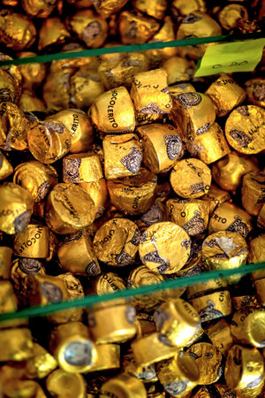 Guaranda, Bolivar, Ecuador - November 2013: Assorted local chocolates in display in a small store in the city.のeditorial素材