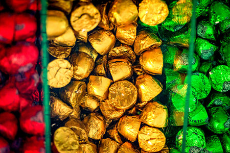 Guaranda, Bolivar, Ecuador - November 2013: Assorted local chocolates in display in a small store in the city.のeditorial素材
