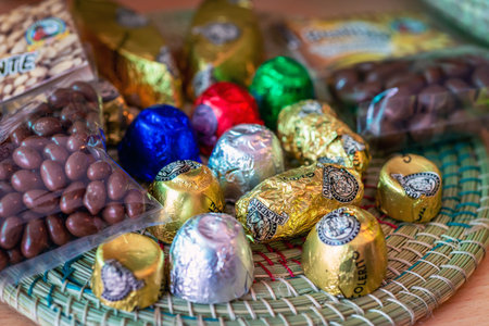 Guaranda, Bolivar, Ecuador - November 2013: Assorted local chocolates in display in a small store in the city.のeditorial素材