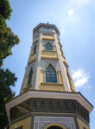Low view of Guayaquil's "Torre del Reloj" or, "Watch Tower" is a famous tower on the main pier, which is a popular touristic spot in the city, on a sunny summer morning. Ecuador.の写真素材