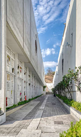 Guayaquil, Guayas, Ecuador - November, 2013: Crypts, hallways and vegetation at the General Cemetery of the city, on a beautiful sunny summer morning.のeditorial素材