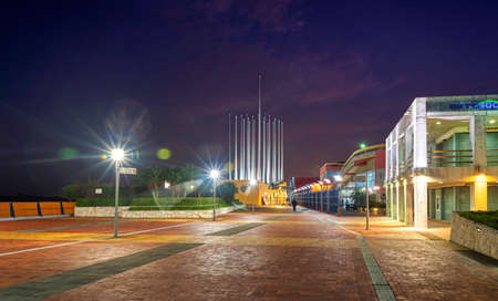 Guayaquil, Guayas, Ecuador - November, 2013: View of the Palacio de Cristal (Crystal Palace) walking complex, with several buildings and entertainment, at night time.のeditorial素材