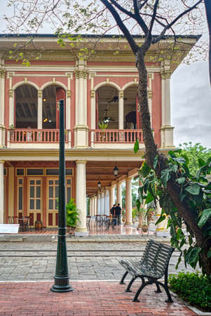 Guayaquil, Guayas, Ecuador - November, 2013: Replicas of old colonial houses, at the National Park (Parque Nacional), on an overcast morning.のeditorial素材
