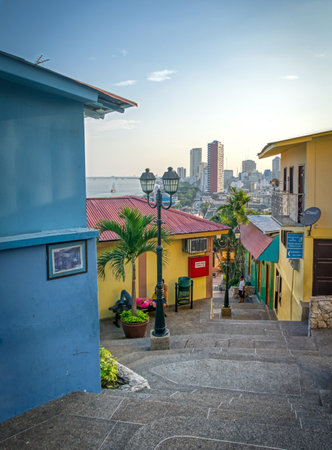 Guayaquil, Guayas, Ecuador - November, 2013: Beautiful view of the city and houses, walking down the many steps from the Santa Ana hill, on a warm and clear afternoon.のeditorial素材