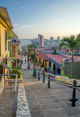 Guayaquil, Guayas, Ecuador - November, 2013: Beautiful view of the city and houses, walking down the many steps from the Santa Ana hill, on a warm and clear afternoon.のeditorial素材