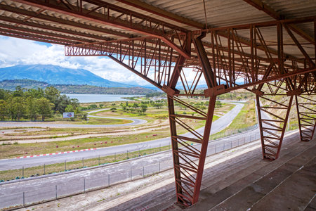 Abandoned Yahuarcocha race car circuit, with the Yahuarcocha lake in the background, on a beautiful sunny morning. Yahuarcocha, Imbabura province, Ecuador.の写真素材