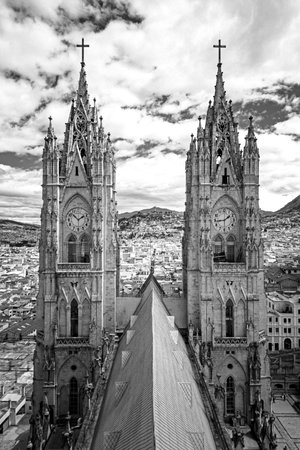 Exteriors of the Basilica del Voto Nacional church, in Quito, Ecuador, on a beautiful afternoon.の写真素材