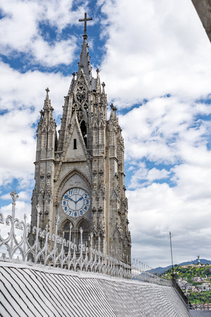 Exteriors of the Basilica del Voto Nacional church, in Quito, Ecuador, on a beautiful afternoon.の写真素材