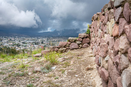 Ruins of Rumicucho, Pomasqui, Ecuador. These ruins are supposed to be remnants of the Inca civilization, which disappeared after the Spanish conquest of America.の写真素材