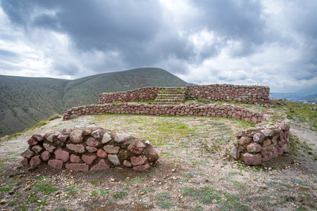 Ruins of Rumicucho, Pomasqui, Ecuador. These ruins are supposed to be remnants of the Inca civilization, which disappeared after the Spanish conquest of America.の写真素材