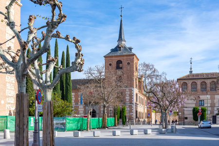 The impressive facade of the Archbishop's Palace in AlcalÃ¡ de Henares, featuring red brickwork, towers with spires, and a wall of cypress trees lining the exterior road.の写真素材