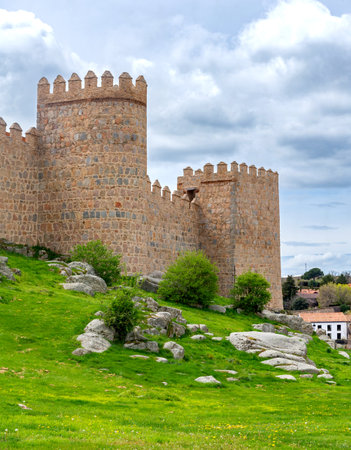 A portion of Ãvilaâ€™s ancient stone walls, with tall rounded towers rising above a bright...