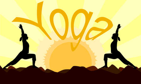 Two women in silhouette practicing a yoga pose at dawn sunsetのイラスト素材